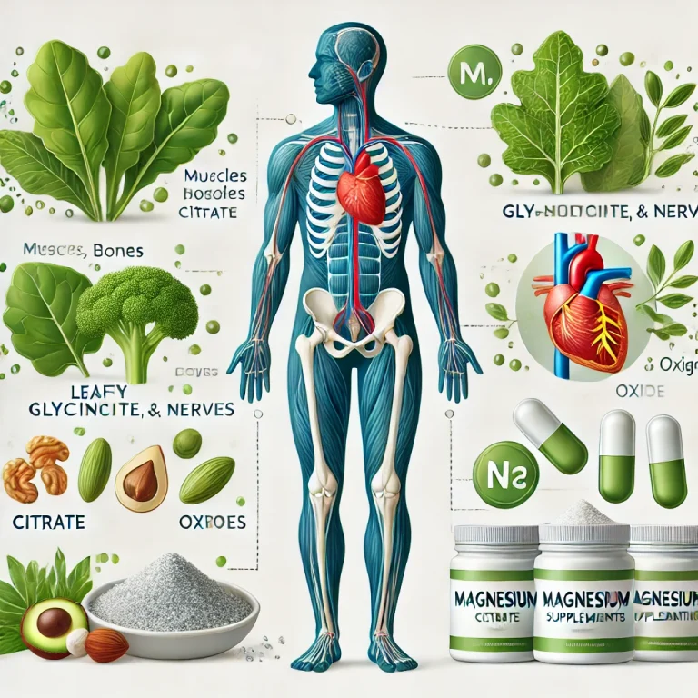 Voici une illustration éducative sur l'importance du magnésium pour le corps humain, mettant en avant les muscles, les os, le cœur et les nerfs, ainsi que les sources alimentaires naturelles comme les légumes verts, les noix et les graines. Elle montre également les différentes formes de suppléments de magnésium, comme le citrate, le glycinate, le malate et l'oxyde, avec des indications sur leur absorption et leur tolérance digestive.