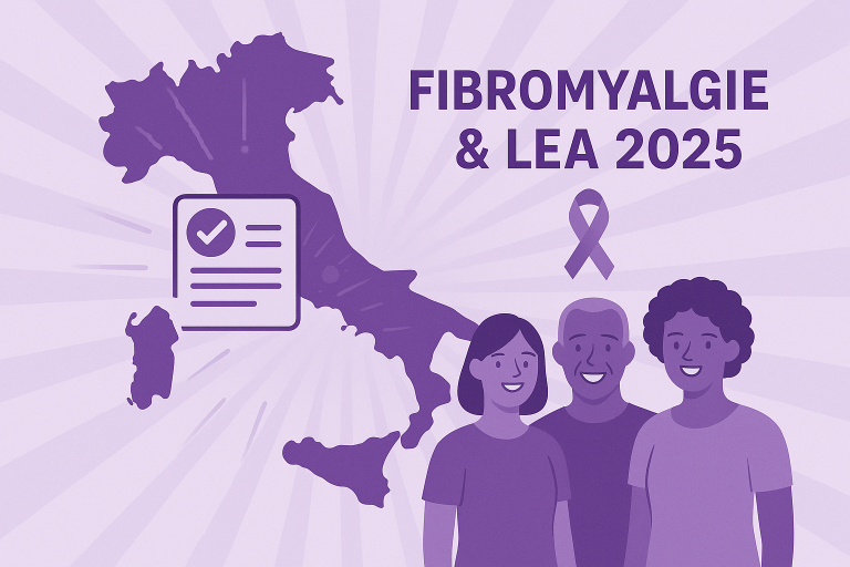 couleurs violettes (couleur de sensibilisation à la fibromyalgie), carte de l’Italie, icône « document validé » et silhouettes de patients.