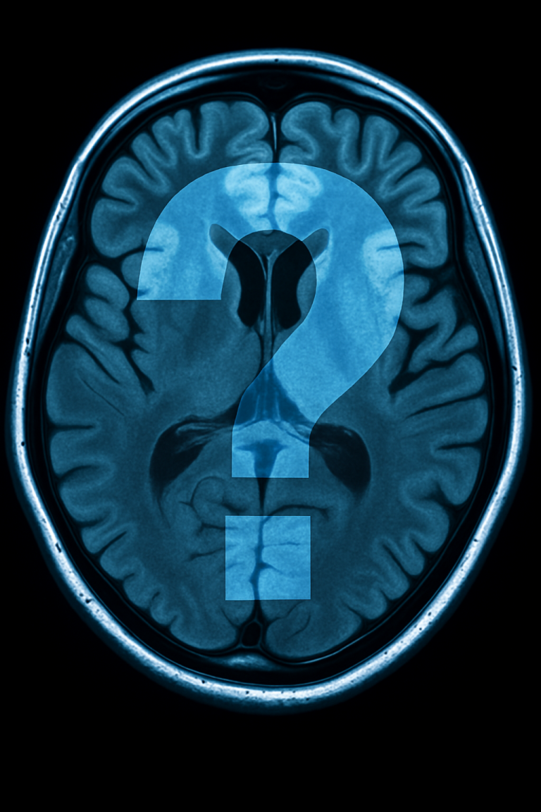 Image d'IRM du cerveau avec un point d'interrogation bleu symbolisant l'incertitude scientifique sur les biomarqueurs T1w/T2w