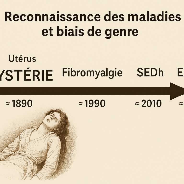 la progression historique depuis l’« hystérie » (≈ 1890) jusqu’à l’EM/SFC (≈ 2015), avec SEP, fibromyalgie et SEDh au fil de la flèche, et rappelle le rôle des biais de genre.
