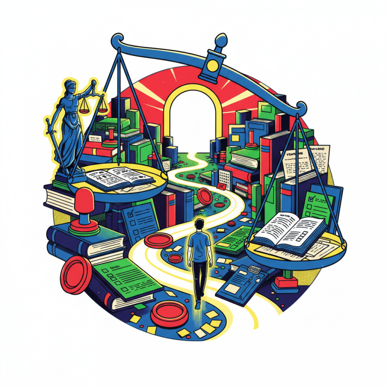 Illustration colorée d'une personne de dos marchant sur un chemin sinueux entouré de piles de documents administratifs et de livres de loi, avec une balance de la justice et une statue de la Justice dans le décor. Une arche lumineuse apparaît à l'horizon, symbolisant l'espoir et la solution.