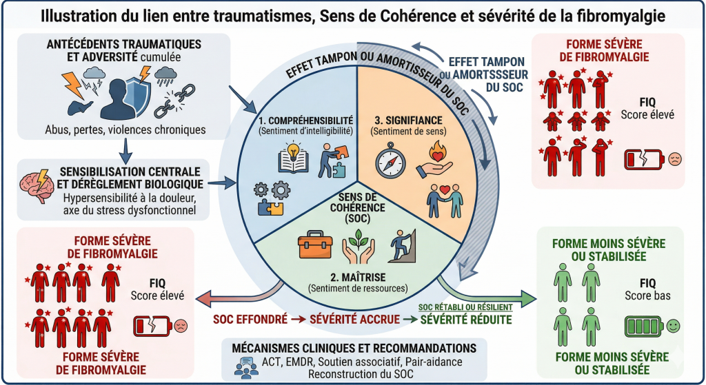 Illustration du lien entre traumatismes, Sens de Cohérence et sévérité de la fibromyalgie