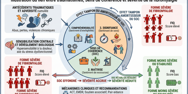 Illustration du lien entre traumatismes, Sens de Cohérence et sévérité de la fibromyalgie