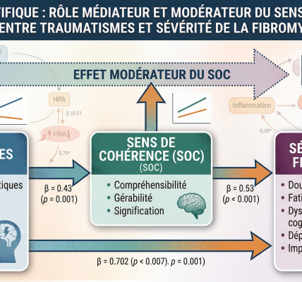 Schéma du rôle médiateur et modérateur du Sens de Cohérence entre traumatismes et sévérité de la fibromyalgie