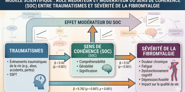 Schéma du rôle médiateur et modérateur du Sens de Cohérence entre traumatismes et sévérité de la fibromyalgie