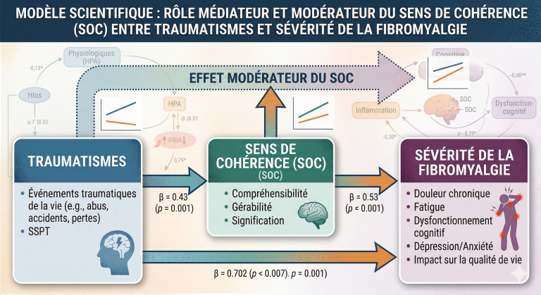 Schéma du rôle médiateur et modérateur du Sens de Cohérence entre traumatismes et sévérité de la fibromyalgie