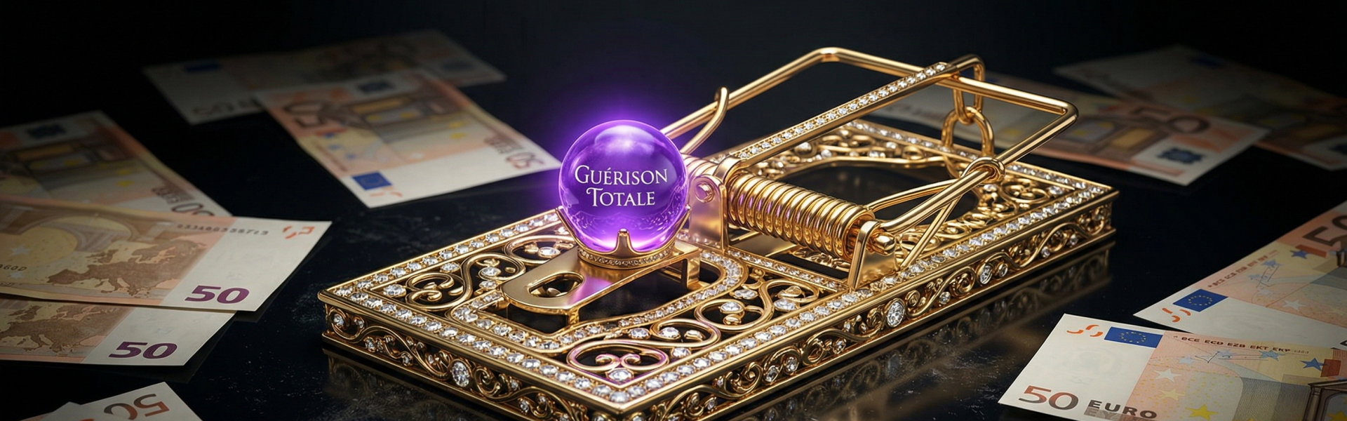 Piège à souris doré avec cristaux et billets de banque symbolisant les arnaques au biocodage pour la fibromyalgie