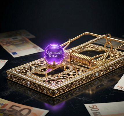 Piège à souris doré avec cristaux et billets de banque symbolisant les arnaques au biocodage pour la fibromyalgie