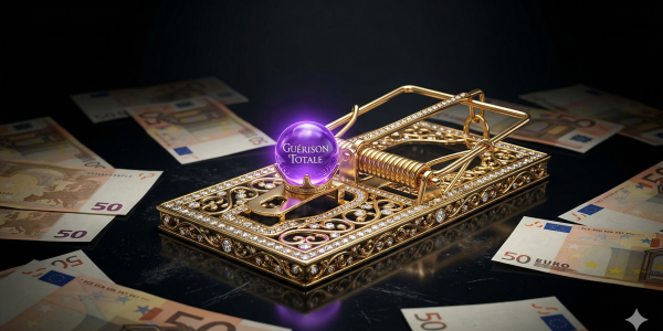 Piège à souris doré avec cristaux et billets de banque symbolisant les arnaques au biocodage pour la fibromyalgie