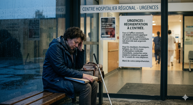 urgences c'est pas automatique. Une malade devant la porte des urgences, désemparée.