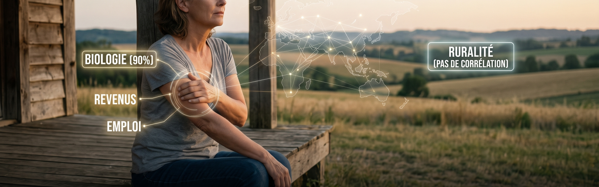 Femme assise devant un paysage rural, illustrant l'absence de corrélation entre la géographie, l'isolement et la sévérité de la fibromyalgie.