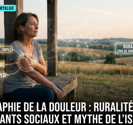 Femme assise devant un paysage rural, illustrant l'absence de corrélation entre la géographie, l'isolement et la sévérité de la fibromyalgie.