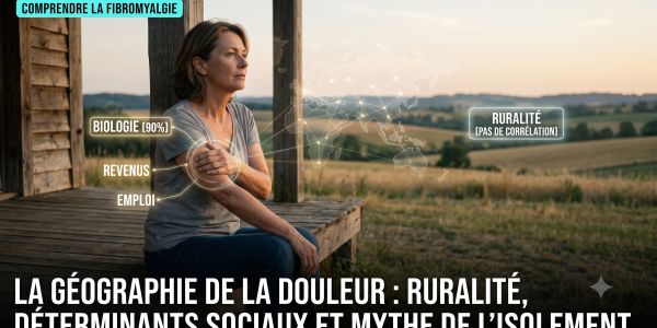 Femme assise devant un paysage rural, illustrant l'absence de corrélation entre la géographie, l'isolement et la sévérité de la fibromyalgie.