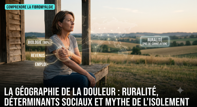 Femme assise devant un paysage rural, illustrant l'absence de corrélation entre la géographie, l'isolement et la sévérité de la fibromyalgie.